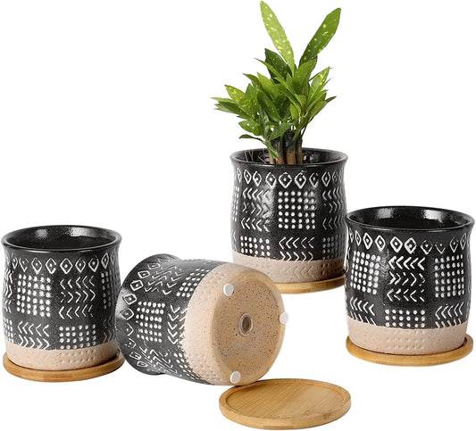 Retro Black Small Plant Pots with Drainage Hole & Mesh Pads- 4 pack