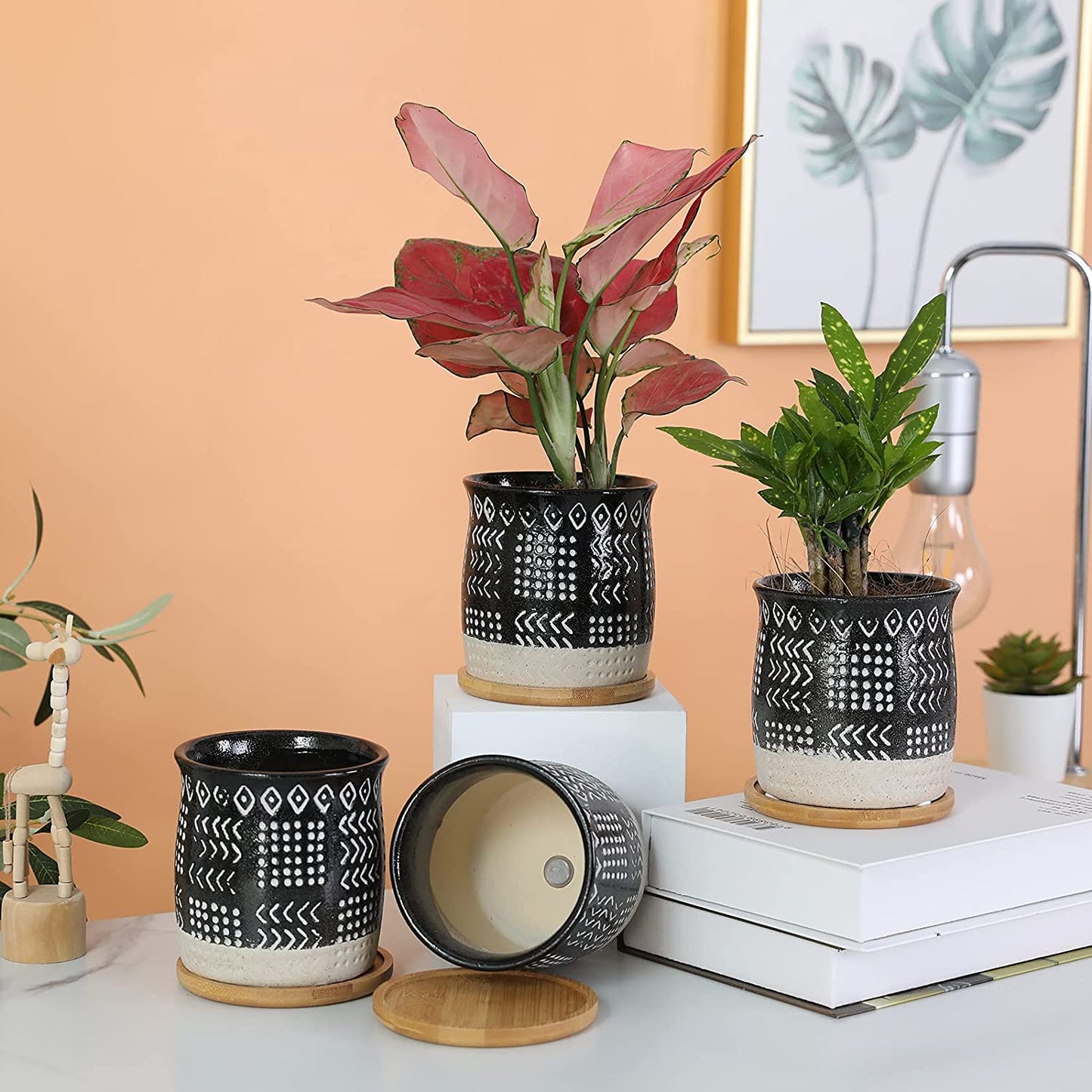 Retro Black Small Plant Pots with Drainage Hole & Mesh Pads- 4 pack